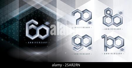 Set di design logotipo per l'anniversario dai 60 ai 100 anni, celebrazioni per l'anniversario dai sessanta ai cento anni. Logo Hexagon Infinity in argento astratto, logo 60,70,80,90,100 anni per festeggiare l'evento. Geometria del poligono di rete, numero esagono Illustrazione Vettoriale