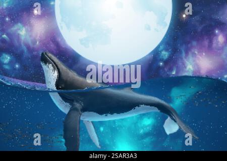 Scena surreale di avvistamento di megattere che saltano per guardare la super luna d'argento nel misterioso cosmo, illustrazione 3d. Balena megattere che spionano Illustrazione Vettoriale