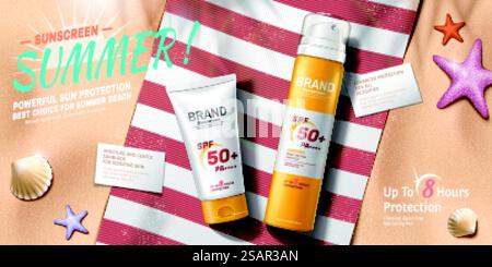 Pubblicità con crema solare sulla spiaggia estiva relax in 3d, angolo di visualizzazione dall'alto. Pubblicità con crema solare presso la spiaggia estiva relax Illustrazione Vettoriale