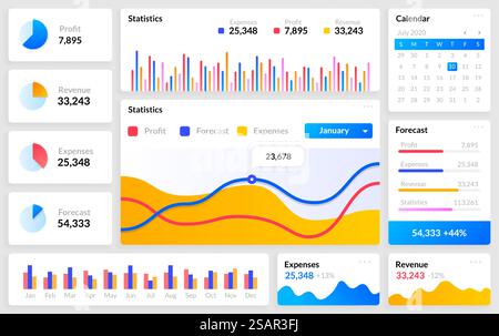 Modello cruscotto. Modello di sito Web con infografiche. Diagrammi isolati e pulsanti di interfaccia. Kit di visualizzazione delle informazioni statistiche e analitiche. Presentazione dei dati colorati, set piatto vettoriale. Modello cruscotto. Modello di sito Web con infografiche o diagrammi e pulsanti di interfaccia. Kit di visualizzazione delle informazioni statistiche e analitiche. Presentazione di dati colorati, set vettoriale Illustrazione Vettoriale