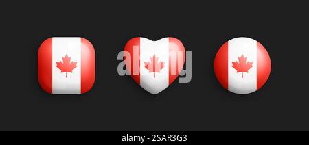 Icone lucide vettoriali 3D della bandiera nazionale del Canada con forma quadrata, cuore e cerchio arrotondata isolate sullo sfondo. Collezione di bottoni volumetrici di elementi grafici canadesi di segni e simboli. Icone lucide vettoriali 3D bandiera nazionale ufficiale del Canada isolate sullo sfondo Illustrazione Vettoriale