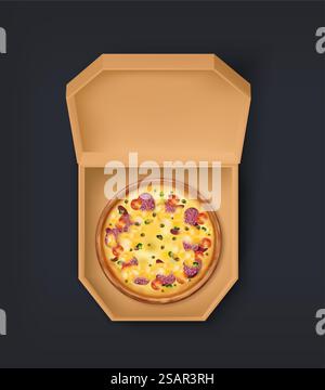 Pacchetto con pizza. Scatola di cartone 3D con tradizionale pasto italiano con formaggio, salame e verdure. Vista dall'alto del contenitore quadrato aperto per la consegna della pizzeria. Mockup del menu vettoriale per il branding. Pacchetto con pizza. Scatola di cartone 3D con tradizionale pasto italiano con formaggio, salame e verdure. Vista dall'alto del contenitore di artigianato aperto per la consegna della pizzeria. Mockup vettoriale per il branding Illustrazione Vettoriale