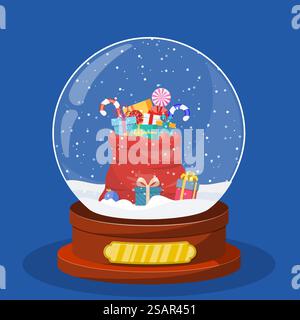Globo da neve natalizio con borsa rossa, sacco con scatole regalo all'interno. Buone vacanze di natale. Capodanno e festeggiamenti natalizi. Illustrazione vettoriale in stile piatto. Globo di neve natalizio con borsa rossa Illustrazione Vettoriale