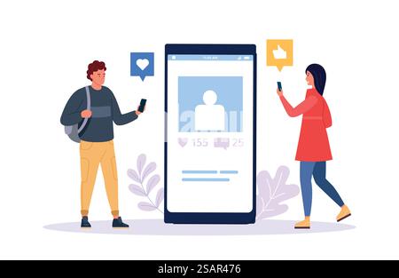 Marketing sui social media. Smartphone digitale con profilo virtuale, seguaci di uomini e donne che cliccano mi piace per scattare foto selfie. Dispositivo con applicazioni e utenti online, che condividono il vettore post. Marketing sui social media. Smartphone digitale con profilo virtuale, follower su uomo e donna che cliccano mi piace per i selfie Illustrazione Vettoriale
