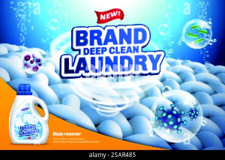 Detersivo per bucato ad alta pulizia con tornado che rimuove i batteri, prodotto per l'igiene delle illustrazioni 3d. Detersivo per bucato ad alta pulizia Illustrazione Vettoriale