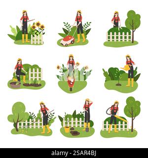 Giardiniere. La donna dei cartoni animati taglia il prato. Il carattere taglia alberi verdi o cespugli. Simpatico giardiniere piantare e innaffiare piantine. La giovane donna rimuove le foglie cadute nel cortile. Set di attività di Farmer&rsquo vettoriale. Giardiniere. La donna dei cartoni animati taglia il prato. Il carattere taglia alberi verdi o cespugli. Piantagione e irrigazione di piantine da giardiniere. La femmina rimuove le foglie cadute nel cortile. Set di attività di Farmer&rsquo vettoriale Illustrazione Vettoriale