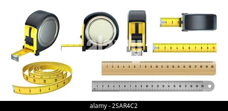 Strumenti di misurazione. Strumenti realistici per la misurazione della lunghezza. Nastro Tailor giallo 3D. Righelli isolati in metallo o legno. Bobine nere con bande in scala centimetrica. Set di apparecchiature metriche vettoriali. Strumenti di misurazione. Strumenti realistici per la misurazione della lunghezza. Nastro 3D Tailor. Righelli isolati in metallo o legno. Bobine nere con bande graduate al centimetro. Set di apparecchiature metriche vettoriali Illustrazione Vettoriale