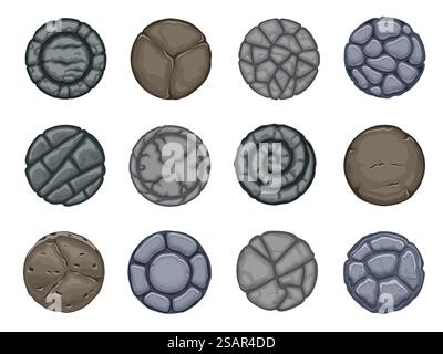 Bottoni di pietre rotonde. Elementi dell'interfaccia utente di gioco rotondi cartoni animati vuoti, cornici grafiche sprite 2D per badge di valutazione, risultati e layout dell'interfaccia utente. Set vettoriale di immagini di gioco con cornice rotonda. Bottoni di pietre rotonde. Elementi dell'interfaccia utente di gioco rotondi cartoni animati vuoti, cornici grafiche sprite 2D per badge di valutazione, risultati e layout dell'interfaccia utente. Gruppo vettoriale Illustrazione Vettoriale