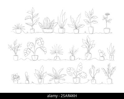 Una linea. Piante domestiche. Vasi continui in monolina con vegetazione tropicale e palme esotiche. Set di fiori in vaso bianchi e neri. Elementi decorativi interni. Raccolta vettoriale di piante domestiche. Una linea. Piante domestiche. Pentole continue di monolina con vegetazione tropicale e palme esotiche decorative. Set di fiori in vaso bianchi e neri. Arredamento interno. Raccolta vettoriale di piante domestiche Illustrazione Vettoriale
