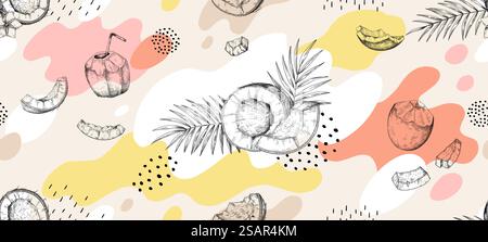 Modello Doodle cocco. Consistenza senza cuciture disegnata a mano di noci di cocco tropicali e foglie di palma. Forme astratte maculate pastello e schizzi di piante esotiche. Pezzi di noci naturali. Sfondo estivo vettoriale. Modello Doodle cocco. Consistenza senza cuciture disegnata a mano di noci di cocco tropicali e foglie di palma. Forme astratte maculate e schizzi di piante esotiche. Pezzi di noci naturali. Sfondo estivo vettoriale Illustrazione Vettoriale