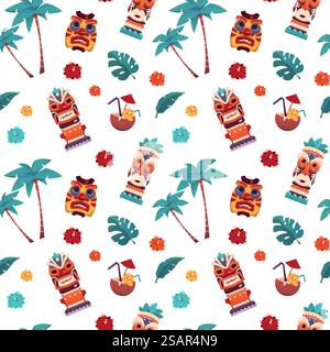 Schema Tiki. Maschere tropicali hawaiane e polinesiane. Vacanze estive sullo sfondo senza interruzioni. Totem tribali e palme dei cartoni animati. Fiori esotici o cocktail. Figure rituali della testa. Illustrazione vettoriale. Schema Tiki. Maschere tropicali hawaiane e polinesiane. Vacanze estive sullo sfondo senza interruzioni. Totem e palme tribali. Fiori esotici o cocktail. Figure rituali della testa. Illustrazione vettoriale Illustrazione Vettoriale