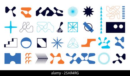 Schema di figure astratte. Geometrica Bauhaus moderna arte astratta. Striscione collage di brutalismo. Collezione di simboli minimalisti isolati. Set di sagome colorate. Design vettoriale contemporaneo. Schema di figure astratte. Grafica geometrica dell'astrazione Bauhaus. Striscione collage di brutalismo. Collezione di simboli minimalisti. Set di sagome colorate. Design vettoriale contemporaneo Illustrazione Vettoriale