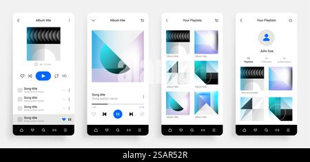 App lettore musicale. Interfaccia per applicazioni multimediali mobili con album musicali, playlist di brani e pagina di social network. Realistico mockup con interfaccia utente dello smartphone con pulsanti per la riproduzione di brani. Touchscreen vettoriale. App lettore musicale. Interfaccia dell'applicazione mobile con album musicali, playlist di brani e pagina di social network. Interfaccia utente realistica dello smartphone con pulsanti per riprodurre i brani. Touchscreen vettoriale Illustrazione Vettoriale