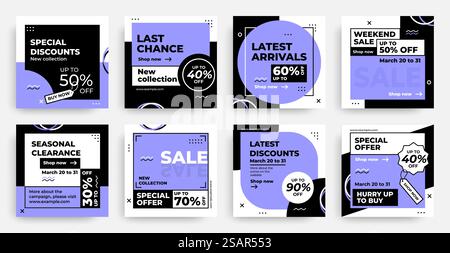 Banner di vendita. Creazione di post sui social media, sconti o offerte di newsletter e modelli di coupon. Moderna pubblicità quadrata sul web. Opuscoli monocromatici con cornici viola e scritta promozionale, set vettoriale. Banner di vendita. Progettazione di post sui social media, newsletter sugli sconti e modelli di coupon. Pubblicità web quadrata. Opuscoli monocromatici con cornici viola e scritta promozionale, set vettoriale Illustrazione Vettoriale