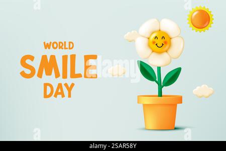 Lettering World Smile Day con simpatiche figure vettoriali con volto floreale Illustrazione Vettoriale