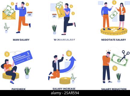 Set per la raccolta delle illustrazioni dei giorni di paga. Stipendio di uomo e donna, negoziare stipendio, stipendio, aumento salariale, riduzione salariale. Illustrazione del design piatto Illustrazione Vettoriale