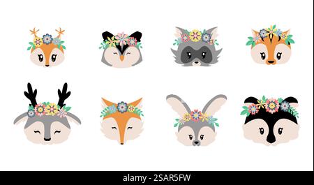 Animali boschivi. Personaggi della foresta dei cartoni animati in corone di fiori. Set di facce carine isolate. Divertente volpe e scoiattolo, procione peloso o coniglio. Modello decorativo per adesivi. Fauna selvatica vettoriale. Animali boschivi. Personaggi della foresta dei cartoni animati in corone di fiori. Set di facce isolate per il bambino. Divertente volpe e scoiattolo, procione peloso o coniglio. Modello decorativo per adesivi. Fauna selvatica vettoriale Illustrazione Vettoriale