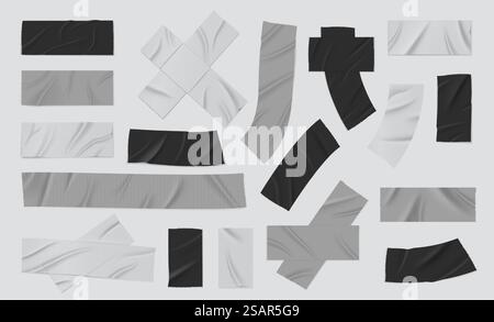 Nastro per condotti. Bendatura adesiva realistica nera e grigia, striscia isolata adesiva, nastro per condotti strappato. Adesivo nero con nastro argentato per illustrazione vettoriale isolato. Nastro per condotti. Bendatura adesiva realistica nera e grigia, striscia isolata adesiva, nastro per condotti strappato. Set isolato vettoriale Illustrazione Vettoriale