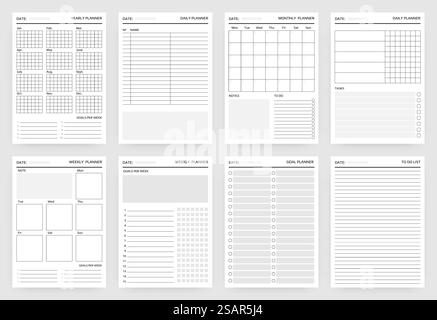 Pagine di pianificazione. Fogli di carta per la pianificazione e le attività di scrittura per anno e mese, settimana o giorno. Diario bianco stencil con piani e obiettivi. Modello elenco attività. Set di mockup per organizzatore stampabile vettoriale. Pagine di pianificazione. Fogli di carta per la pianificazione e le attività di scrittura per anno e mese, settimana o giorno. Stencil vuoti del diario con piani e obiettivi. Modello elenco attività. Set organizer stampabile vettoriale Illustrazione Vettoriale
