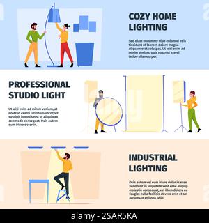 Striscioni per elettricisti. Installazione e decorazione di lampadine in interni elettricisti, modelli vettoriali in stile colorato con spazio per il testo. Immagine dello striscione per elettricisti e del riparatore. Striscioni per elettricisti. L'installazione e la decorazione di lampadine in ingegneri elettricisti interni consentono di visualizzare modelli vettoriali in stile colorato con spazio per il testo Illustrazione Vettoriale