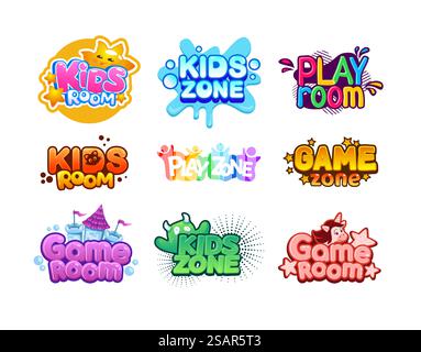 Zona bambini. Sala giochi per bambini con cartoni animati. Divertente set di logo per il parco giochi. Divertenti sale giochi banner mockup. Adesivi tipografici colorati da festa isolati con scritte. Area per il tempo libero Vector baby per i giochi. Zona bambini. Sala giochi per bambini con cartoni animati. Divertente set di logo per il parco giochi. Striscioni per sale giochi divertenti. Coloratissimi adesivi tipografici per feste con scritte. Area per il tempo libero Vector baby per i giochi Illustrazione Vettoriale