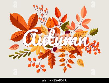 Sfondo autunnale. Composizione autunnale con foglie di bosco gialle arancioni e rosse, foglie di acero e castagni. Carta da parati autunnale cartoni animati, poster o cartoncino, illustrazione isolata vettoriale dell'elemento decorativo. Sfondo autunnale. Composizione autunnale con foglie di bosco gialle arancioni e rosse, foglie di acero e castagni. Sfondo autunnale cartoni animati, poster o cartolina, illustrazione isolata vettoriale Illustrazione Vettoriale