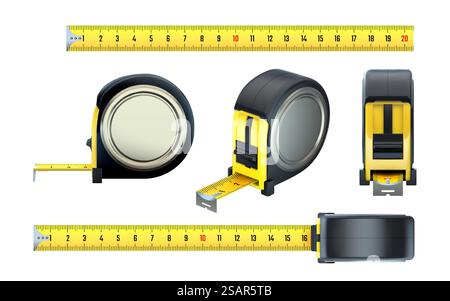 Nastro di misurazione. Righello da costruzione giallo realistico, set di strumenti di misurazione per costruttori manuali 3D. Vista da vari lati su bande in scala centimetrica e bobine nere. Contatore metrico isolato dal vettore. Nastro di misurazione. Righello da costruzione realistico, set di strumenti di misurazione per costruttori manuali 3D. Vista da vari lati su bande in scala centimetrica e bobine nere. Contatore metrico vettoriale Illustrazione Vettoriale