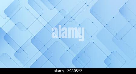Motivo geometrico quadrato sovrapposto blu a gradiente astratto con linea di connessione blu e design a punti. Moderna forma a cubo a strati azzurro con spazio per copie. Stile semplice e minimalista. EPS10 vettoriale. Illustrazione Vettoriale