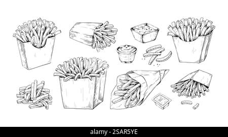 Patatine fritte trafilate a mano. Menu fast food. Patate in scatole di cartone e sacchetti di carta con salsa. Salse fritte con incisione di elementi da schizzo. Nutrizione grassa malsana. Set di spuntini da asporto isolati vettoriali. Patatine fritte trafilate a mano. Menu fast food. Patate in scatole di cartone e sacchetti di carta con salsa. Salse fritte con incisione. Nutrizione malsana. Set di spuntini da asporto isolati vettoriali Illustrazione Vettoriale