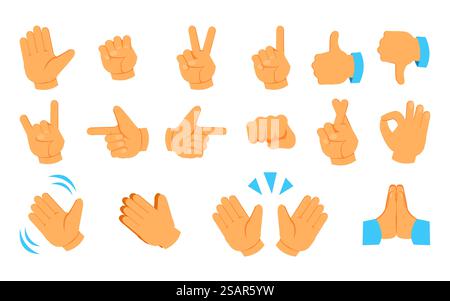 Emoticon per le mani. Icone dei gesti dei social media. Pollice in alto e braccia ondulate. Segni di vittoria. Aprire la raccolta emoji del palmo e del dito puntato. Set di simboli del corpo grafico della comunicazione di rete isolato dal vettore. Emoticon per le mani. Icone dei gesti dei social media. Pollice in alto e braccia ondulate. Segni di vittoria. Aprire la raccolta emoji del palmo e del dito puntato. Set di simboli grafici della comunicazione di rete vettoriale Illustrazione Vettoriale
