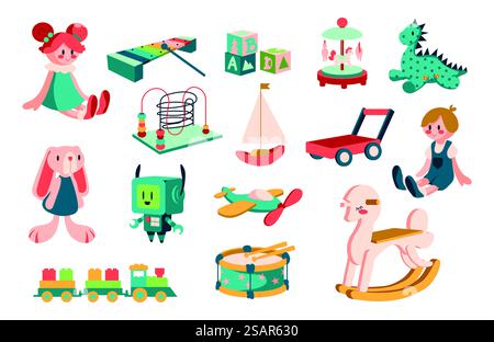 Giocattoli per bambini. Cartoni animati, bambole e robot per bambini in stile piatto per giocare ed educare. Trasporto di neonati e bambini piccoli. Collezione musicale di xilofono e animali di peluche. Set di playthings isolati vettoriali. Giocattoli per bambini. Cartoni animati, bambole e robot per giocare ed educare. Trasporto di neonati e bambini piccoli. Collezione musicale di xilofono e animali. Set di playthings isolati vettoriali Illustrazione Vettoriale