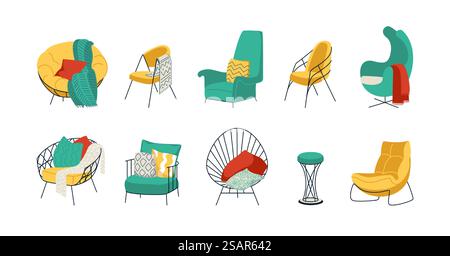 Poltrone cartoni animati. Comodi mobili per la casa. Comode poltrone o sgabelli vuoti. Divano in camera isolato con cuscini e coperta. Set di elementi morbidi interni Vector verde brillante e giallo. Poltrone cartoni animati. Comodi mobili per la casa. Comode poltrone o sgabelli. Divano in camera con cuscini e coperta. Set di elementi morbidi interni Vector verde brillante e giallo Illustrazione Vettoriale