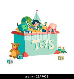Scatola dei giocattoli. Contenitore cartoni animati con trasporto per bambini e animali di peluche. Adorabile bambola o robot per giocare e educare i bambini. Stoccaggio di razzi per bambini o di strumenti musicali. Confezione regalo per l'orfanotrofio vettoriale. Scatola dei giocattoli. Contenitore cartoni animati con trasporto per bambini e animali di peluche. Bambola o robot per giocare ed educare i bambini. Stoccaggio di razzi per bambini o di strumenti musicali. Confezione regalo per l'orfanotrofio vettoriale Illustrazione Vettoriale