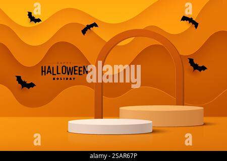 Podio cilindro bianco e arancione 3D astratto realistico con sfondo a strati ondulati. Buon halloween scena minimale per la presentazione del prodotto. Piattaforma di rendering geometrico vettoriale. Illustrazione Vettoriale