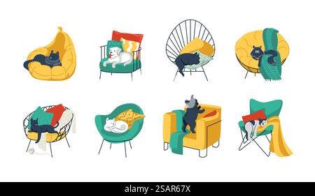 Animali domestici su sedie. Cartoni animati divertenti animali domestici in comode poltrone. Gatti e cani carini che dormono e riposano sul divano. Gattini che giocano sugli sgabelli. Arredamento luminoso isolato Vector con cuscini e coperte. Animali domestici su sedie. Cartoni animati divertenti animali domestici in comode poltrone. Gatti e cani che dormono e riposano sul divano. Gattini che giocano sugli sgabelli. Arredi luminosi Vector con cuscini e coperte Illustrazione Vettoriale