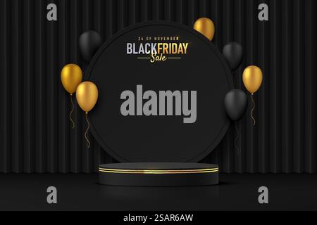 Podio 3D astratto con cilindro nero e palloncini neri e dorati che volano. Scena di saldi di lusso per il Black friday per la presentazione del prodotto. Progettazione di piattaforme di rendering geometrico vettoriale. Illustrazione Vettoriale