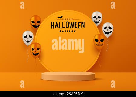 Podio astratto e realistico con cilindro arancione 3D con palloncino halloween, volto spaventoso. Buon halloween scena minimale per la presentazione del prodotto. Progettazione di piattaforme di rendering geometrico vettoriale. Illustrazione Vettoriale