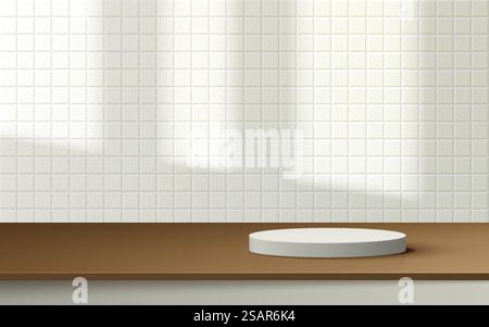 Piedistallo a cilindro 3D realistico bianco astratto su tavolo in legno con scena piastrelle quadrate bianche e ombra della finestra. Scenografia minima per la presentazione del prodotto. Progettazione di piattaforme di rendering vettoriale. Illustrazione Vettoriale