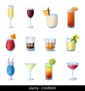 Cocktail. Bevande alcoliche cartoni animati in bicchieri diversi per il menu del bar o del ristorante. Shot colorati e long drink tropicali con paglia o pezzi di frutta. Vino e champagne. Set isolato vettoriale. Cocktail. Bevande alcoliche cartoni animati in bicchieri diversi per il menu del bar o del ristorante. Shot luminosi e long drink con paglia o frutta. Vino e champagne. Set isolato vettoriale Illustrazione Vettoriale