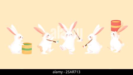 Simpatici conigli disegnati a mano isolati su sfondo beige. Mascotte per animali da vacanza adatte per la decorazione di Pasqua o del Festival di metà autunno. Collezione coniglietto pasquale Illustrazione Vettoriale