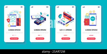 Schermata di bordo della banca mobile. Applicazione finanziaria per il trasferimento di denaro digitale wireless e il concetto di shopping online. Design della pagina di destinazione dello smartphone con portafogli crittografici. Set di interfacce per l'app Vector banking. Schermata di bordo della banca mobile. Applicazione finanziaria per il trasferimento di denaro wireless e il concetto di shopping online. Design della pagina di destinazione del telefono portafogli Crypto. Set di interfacce per l'app Vector banking Illustrazione Vettoriale