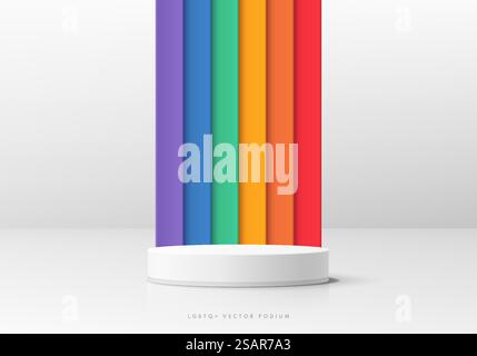 Sfondo 3D astratto con realistico podio bianco per cilindri. Motivo a strisce verticali in colore arcobaleno lgbtq o bandiera Pride. Esposizione minima del prodotto per il mockup scenico. Forma geometrica vettoriale. Vetrina sul palcoscenico. Illustrazione Vettoriale