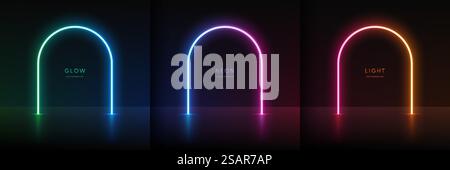 Il set di linee di illuminazione al neon blu verde, rosso viola e arancione giallo illuminano lo sfondo a forma di arco. Illuminazione astratta e luminosa in stile futuristico. Espositore per mostrare il prodotto. Stadio vettoriale podio. Illustrazione Vettoriale
