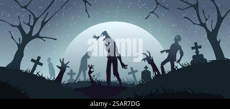 Zombie sul cimitero. Sfondo del cimitero con sagome di mostri spaventosi e raccapriccianti lapidi. Spaventoso paesaggio notturno nebbioso. I non morti escono dalla tomba. Scena horror a cartoni animati vettoriali con morti viventi. Zombie sul cimitero. Sfondo del cimitero con sagome di mostri spaventosi e raccapriccianti lapidi. Spaventoso paesaggio notturno. I non morti escono dalla tomba. Scena horror vettoriale con morti viventi Illustrazione Vettoriale