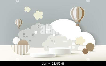 Presentazione della scena di esposizione vuota sul podio per bambini o bambini con sfondo 3d. Illustrazione Vettoriale