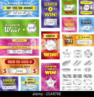 Gratta e vinci. Pubblicità o modelli di biglietti della lotteria con texture graffiante immagini vettoriali recenti set di lotteria gratta e vinci, illustrazione del premio del biglietto. Gratta e vinci. Modelli di annunci o biglietti della lotteria con texture graffiante immagini vettoriali recenti Illustrazione Vettoriale