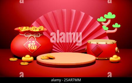 Sfondo podio 3D per CNY. Sfondo del Festival di Primavera costituito da una piattaforma rotonda con tamburo, ventaglio di carta e borsa portafortuna su cui è scritto testo di benedizione in cinese. Sfondo podio 3D per CNY Illustrazione Vettoriale