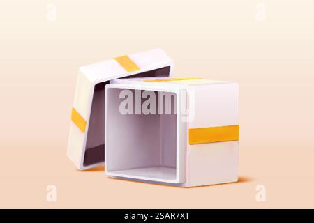 illustrazione 3d della confezione regalo bianca aperta con nastro giallo su sfondo beige. Una confezione regalo bianca aperta con coperchio Illustrazione Vettoriale