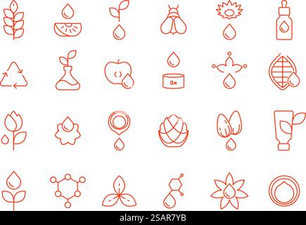 Icone lineari cosmetiche. Cura della pelle ecocompatibile cosmetici naturali prodotti biologici illustrazioni vettoriali serie di icone di contorno ecologiche e organiche. Icone lineari cosmetiche. Cura della pelle ecocompatibile cosmetici naturali prodotti biologici immagini vettoriali Illustrazione Vettoriale