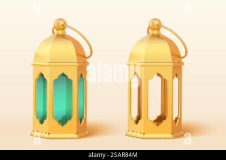Set di lanterne dorate per illustrazioni 3d su sfondo beige, una con vetro verde e l'altra senza. Set di elementi lanterne dorate Illustrazione Vettoriale